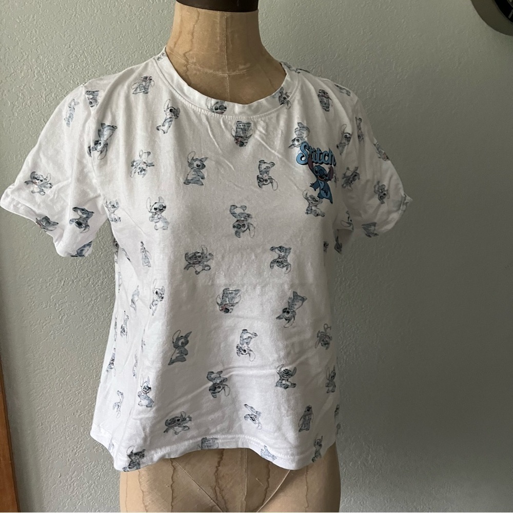 Lilo & STITCH Jrs sz L White Short Sleeve Crop Tshirt Tee AOP